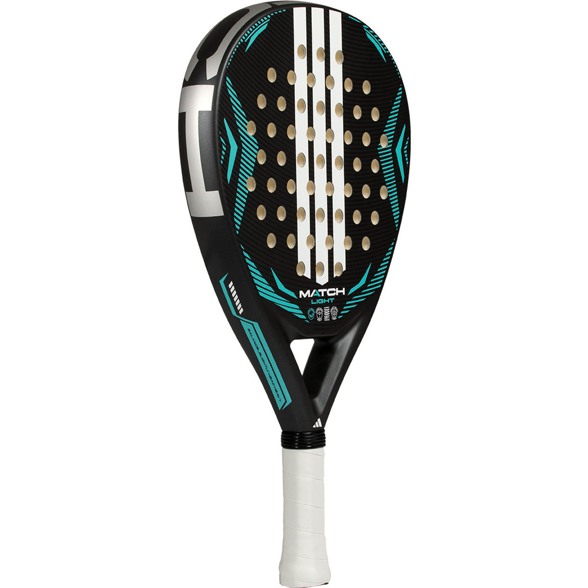 Adidas Match Light 3.5 2026 padelracket schuin vooraanzicht, druppelvorm in zwart en turquoise