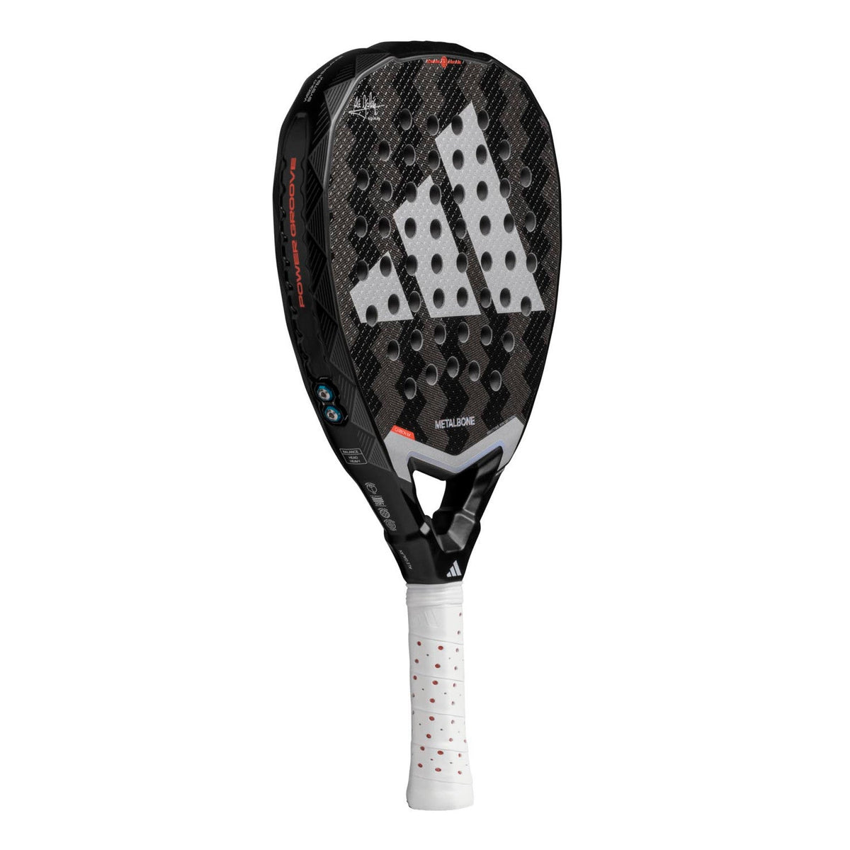 Raquete de padel Adidas Metalbone 3.4, vista frontal oblíqua, formato de diamante em preto com cinzento