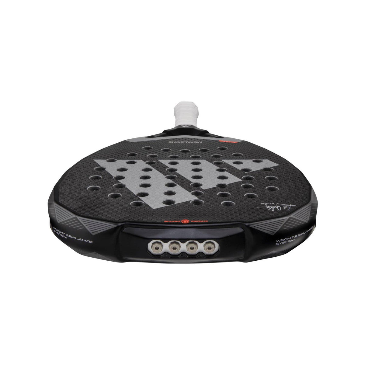 Vista superior da Adidas Metalbone 3.4 com uma faixa vermelha na moldura preta