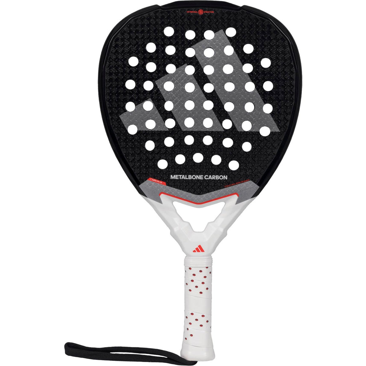 Adidas Metalbone Carbon 3.4 padelracket in zwart met wit hart en rode accenten, vooraanzicht