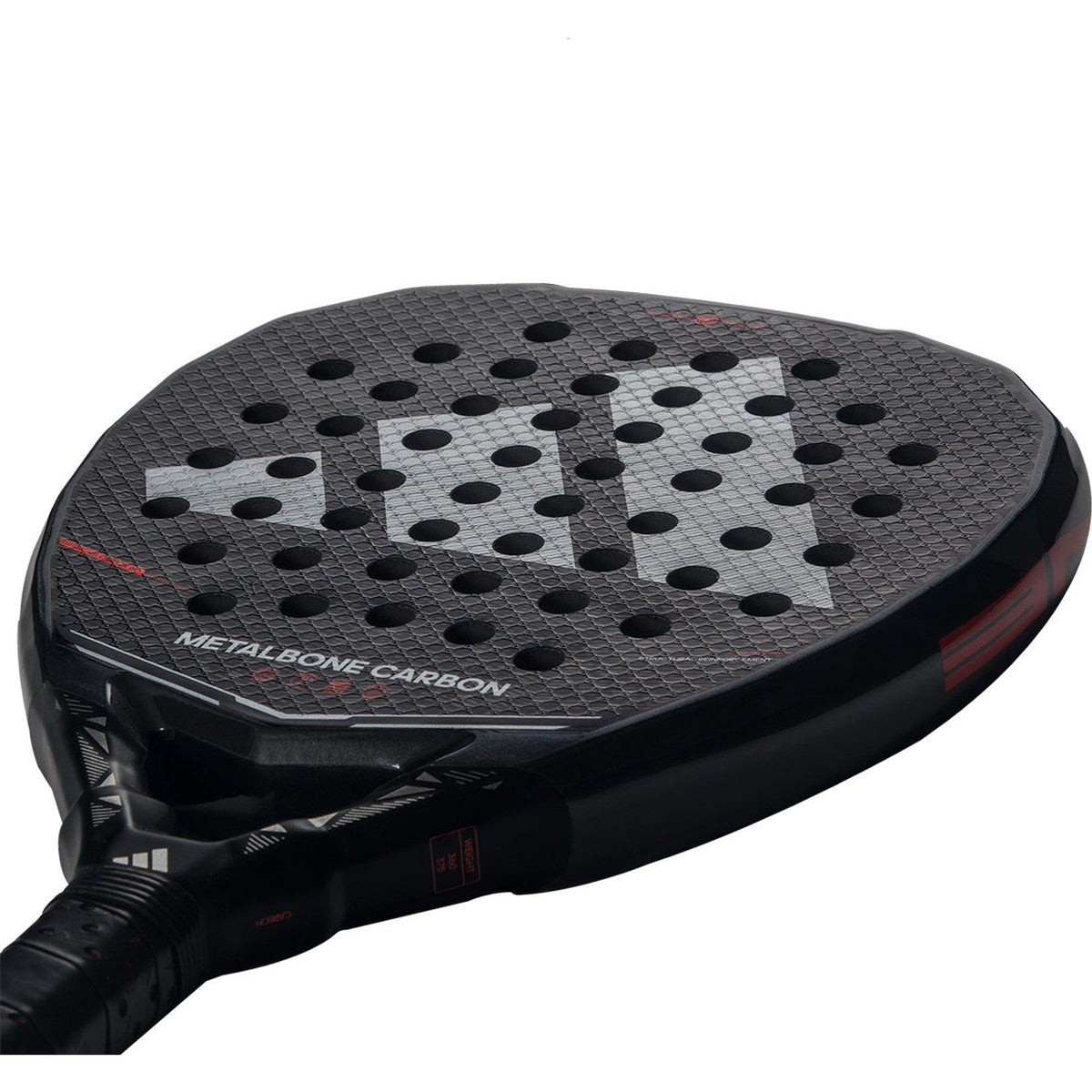 Liggend schuin bovenaanzicht van de Adidas Metalbone Carbon 3.5 met zwart carbon slagvlak