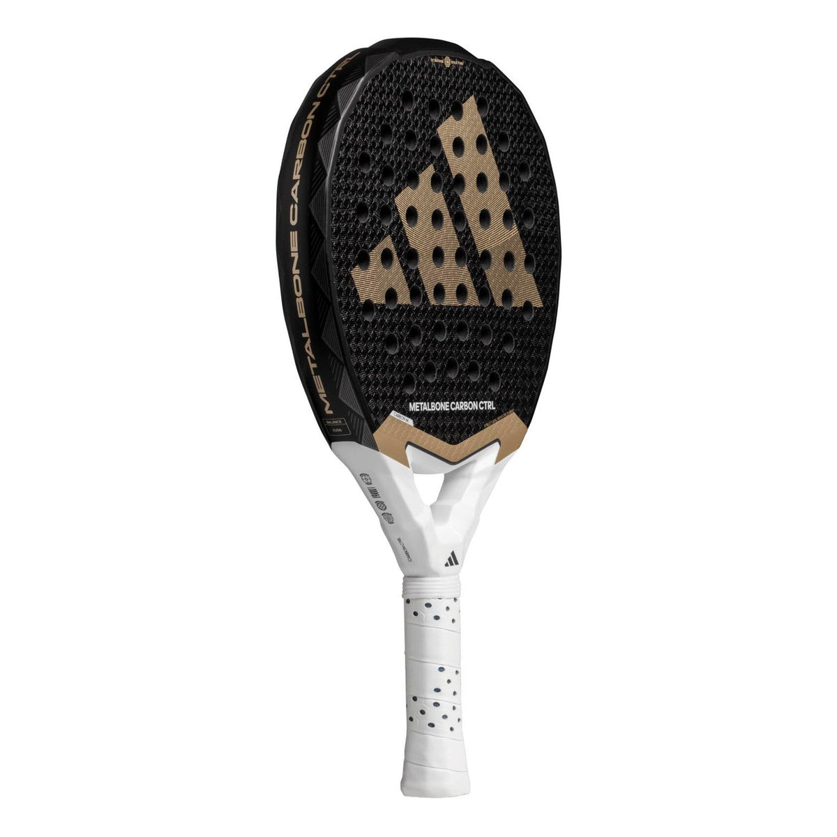 Adidas Metalbone Carbon Ctrl 3.4 padelracket schuin vooraanzicht, rondvorm in zwart met goud