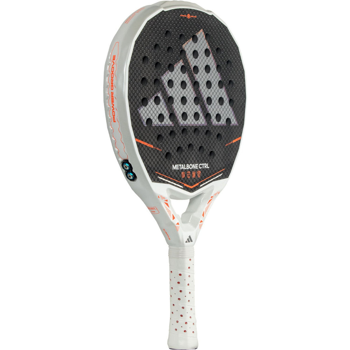 Adidas Metalbone Ctrl 3.5 padelracket schuin vooraanzicht, rondvorm in wit met oranje