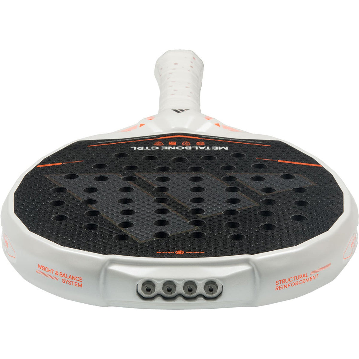 Bovenaanzicht van de Adidas Metalbone Ctrl 3.5 met witte framerand en oranje opdruk