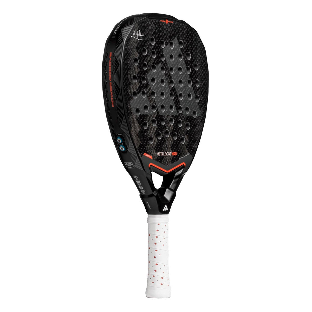 Adidas Metalbone HRD+ 3.4 padelracket schuin vooraanzicht, diamantvorm in zwart met rood