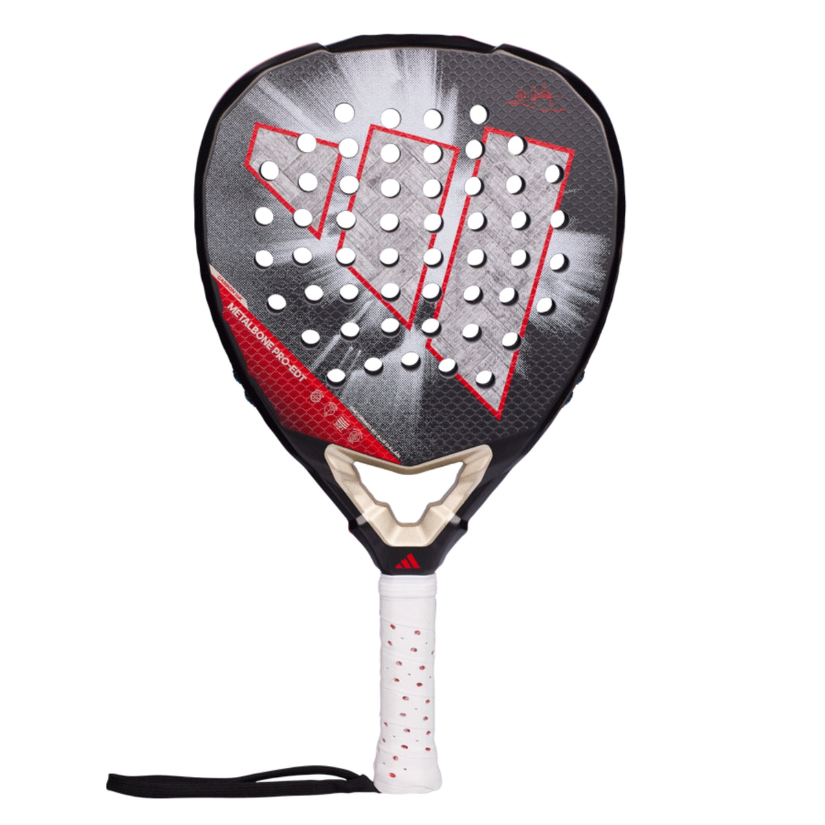 Adidas Metalbone Pro EDT 2026 padelracket in zwart met rood en goud, vooraanzicht met polsband