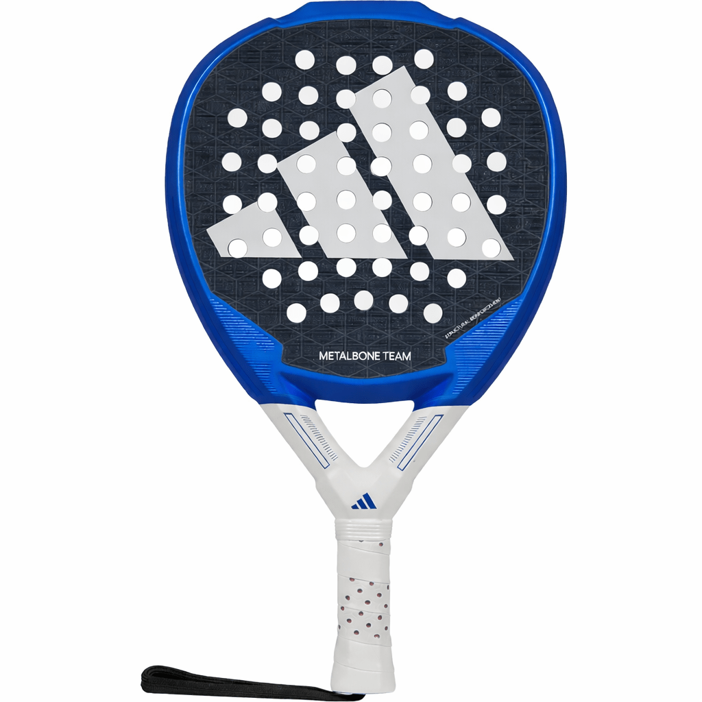 Adidas Metalbone Team 3.3 padelracket in blauw met zwart slagvlak en wit logo, vooraanzicht