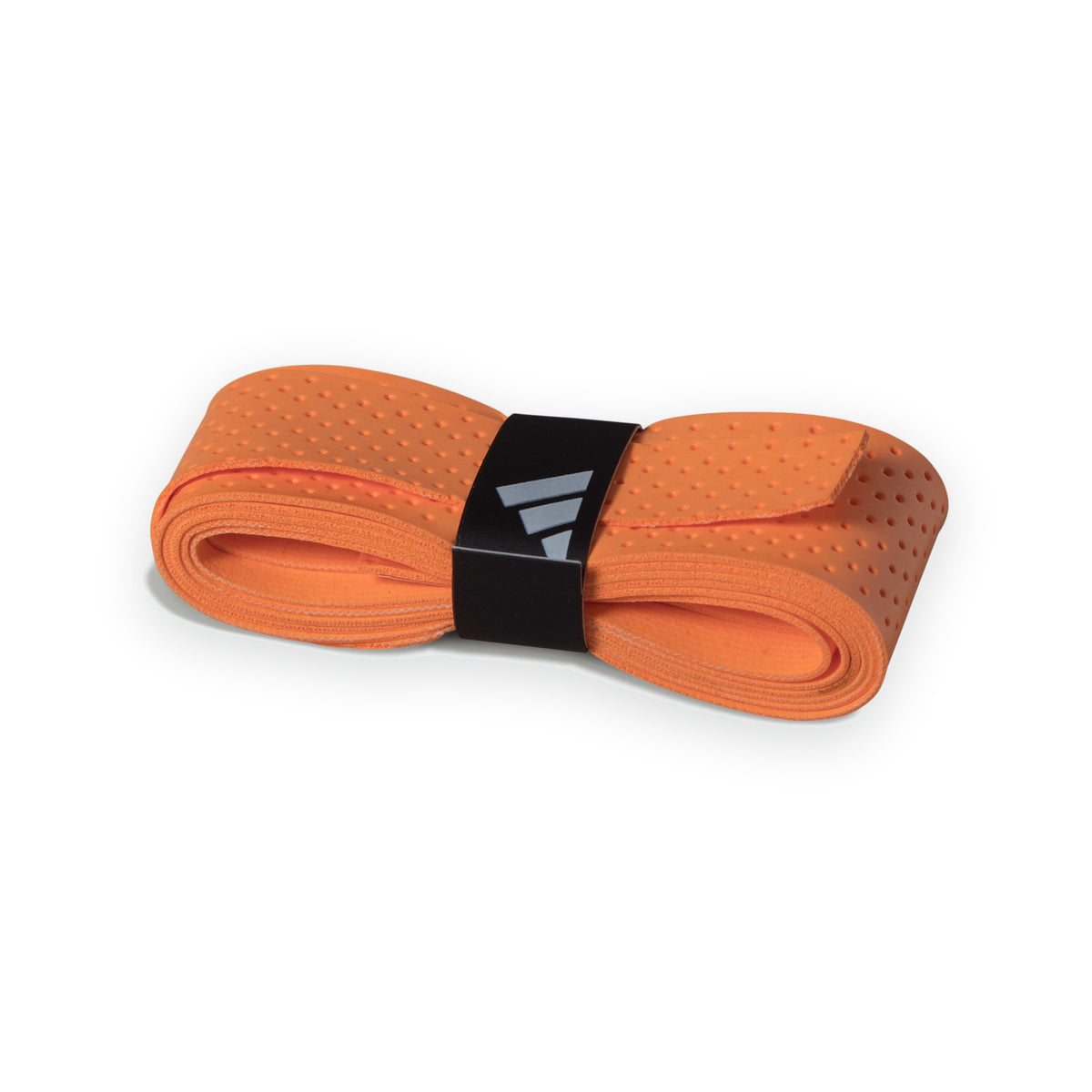 Opgerolde Adidas overgrip in oranje met zwarte bandje en 3-Stripes
