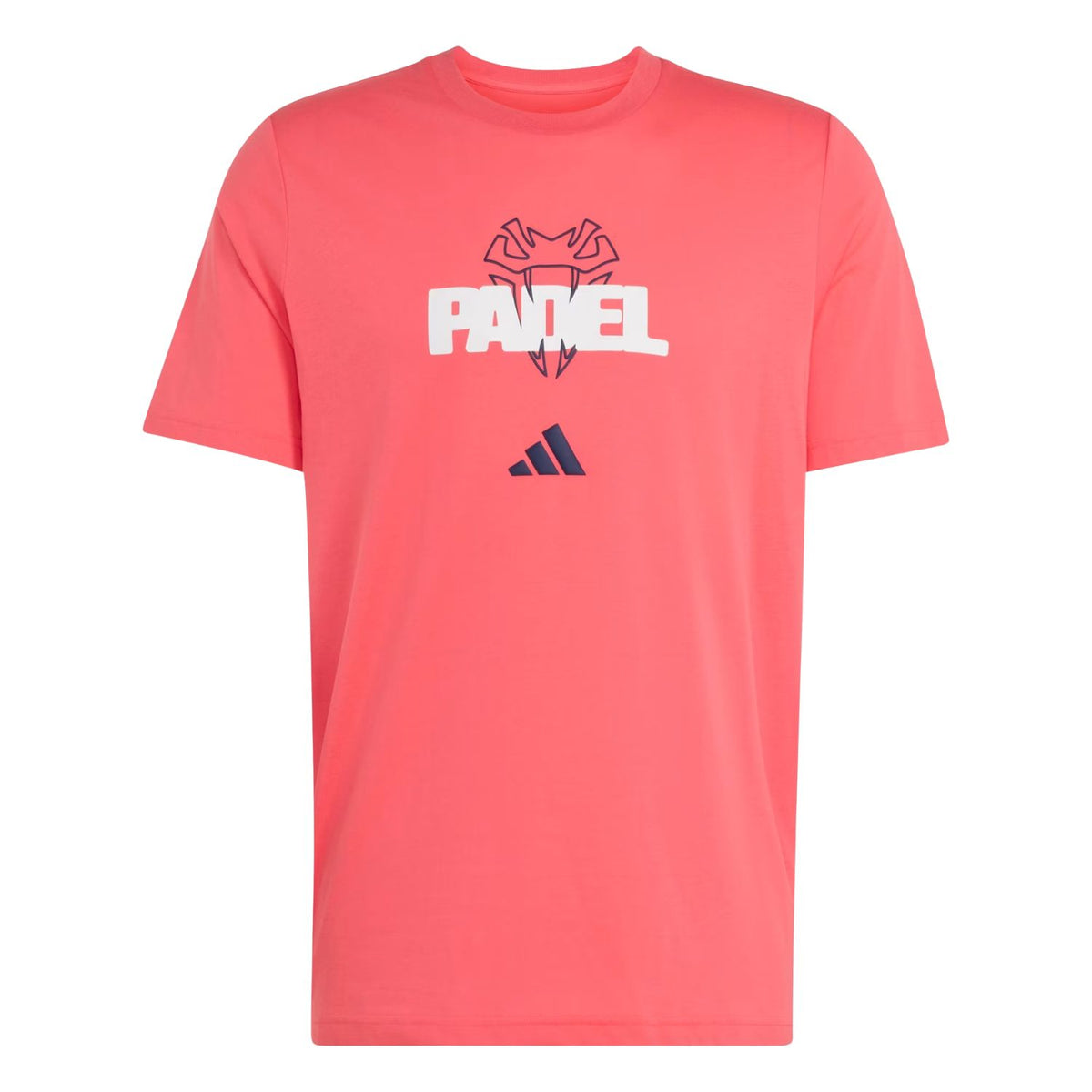 Adidas Padel T-shirt in koraalroze met padelprint, plat vooraanzicht