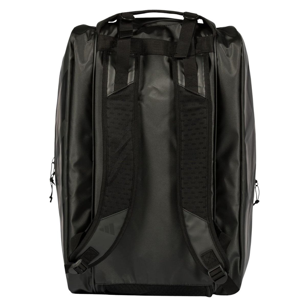 Achterzijde van de zwarte Adidas Multigame 2026 racketbag met opbergbare schouderbanden.
