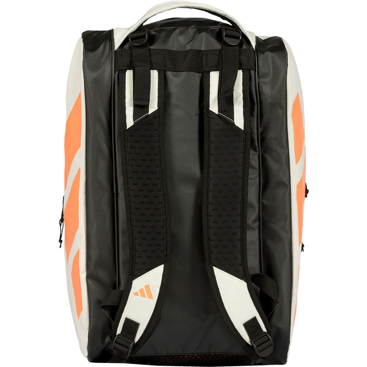 Achterzijde van de creme Adidas Multigame 2026 racketbag met witte gevoerde rugbanden.
