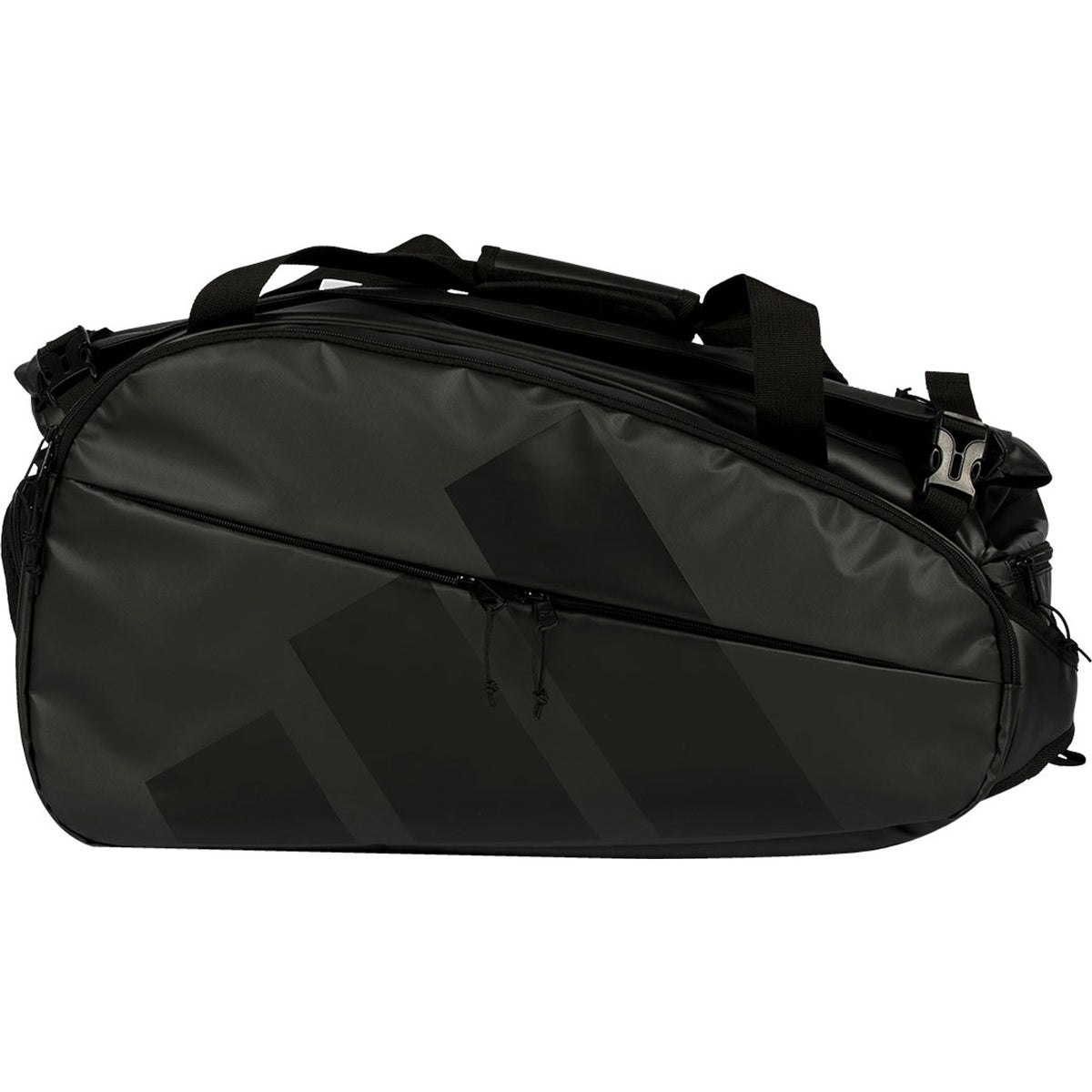 Zijaanzicht van de volledig zwarte Adidas Racket Bag Multigame 2026 met mat logo.