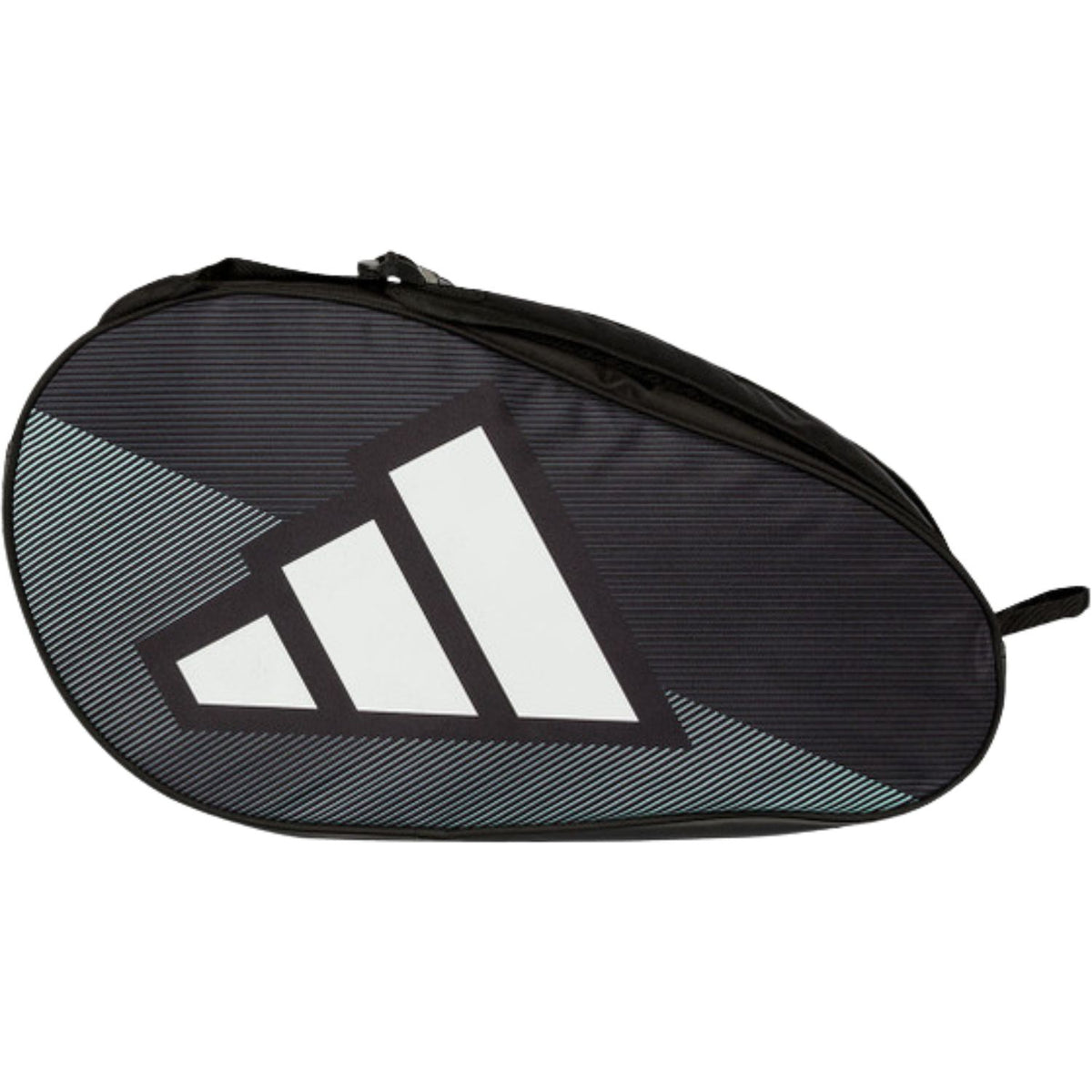 Zijkant van de zwarte Adidas Control 2026 racketbag met groot wit logo en grijze band.