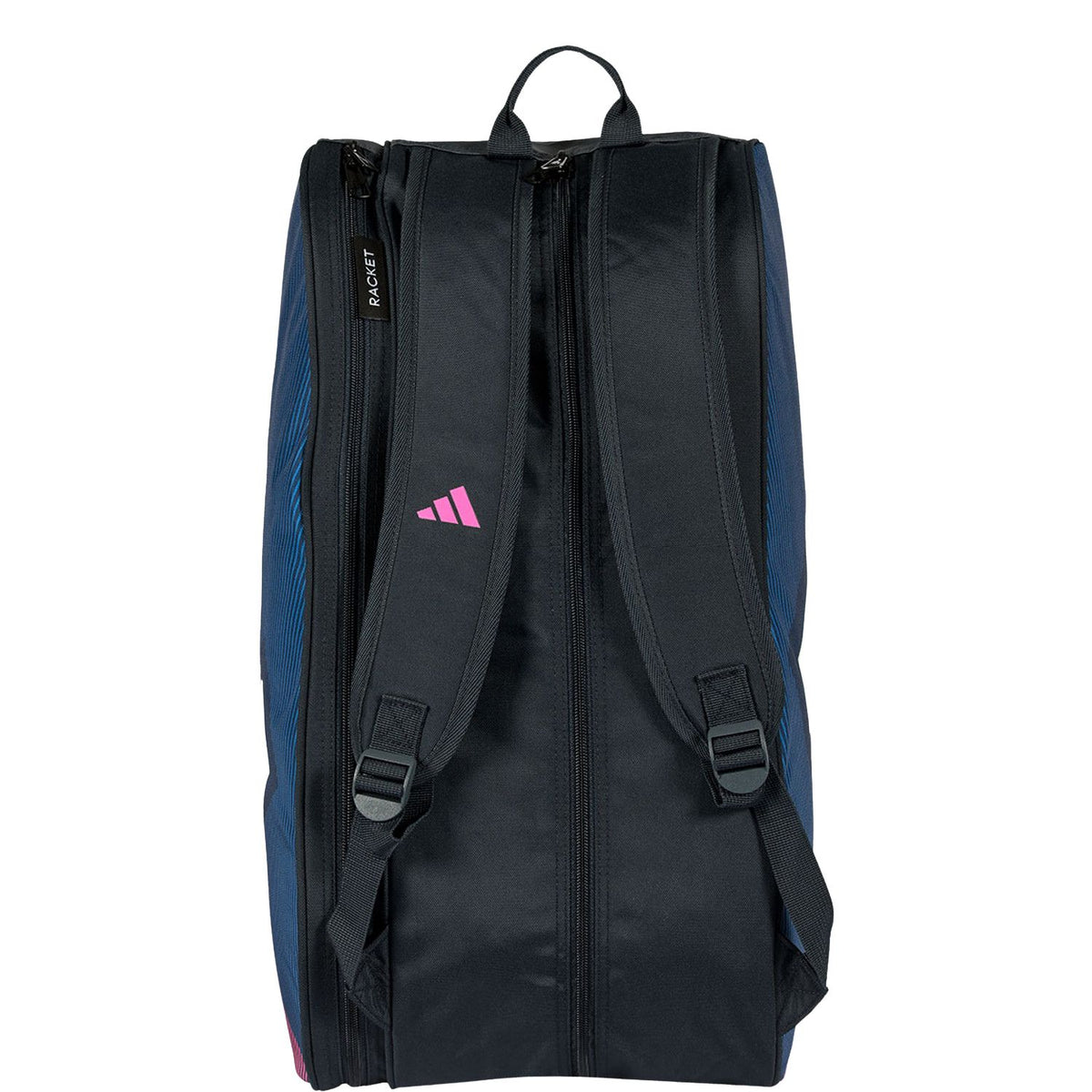 Achterzijde van de marineblauwe Adidas Control 2026 racketbag met twee schouderbanden.
