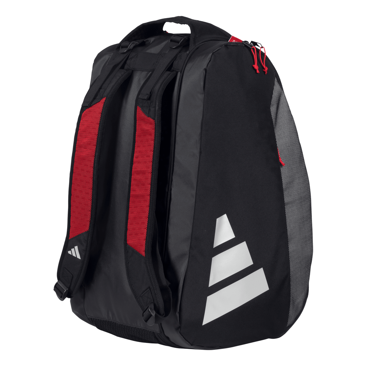 Achterzijde van de zwarte Adidas Multigame 3.4 racketbag met rode gevoerde rugbanden.