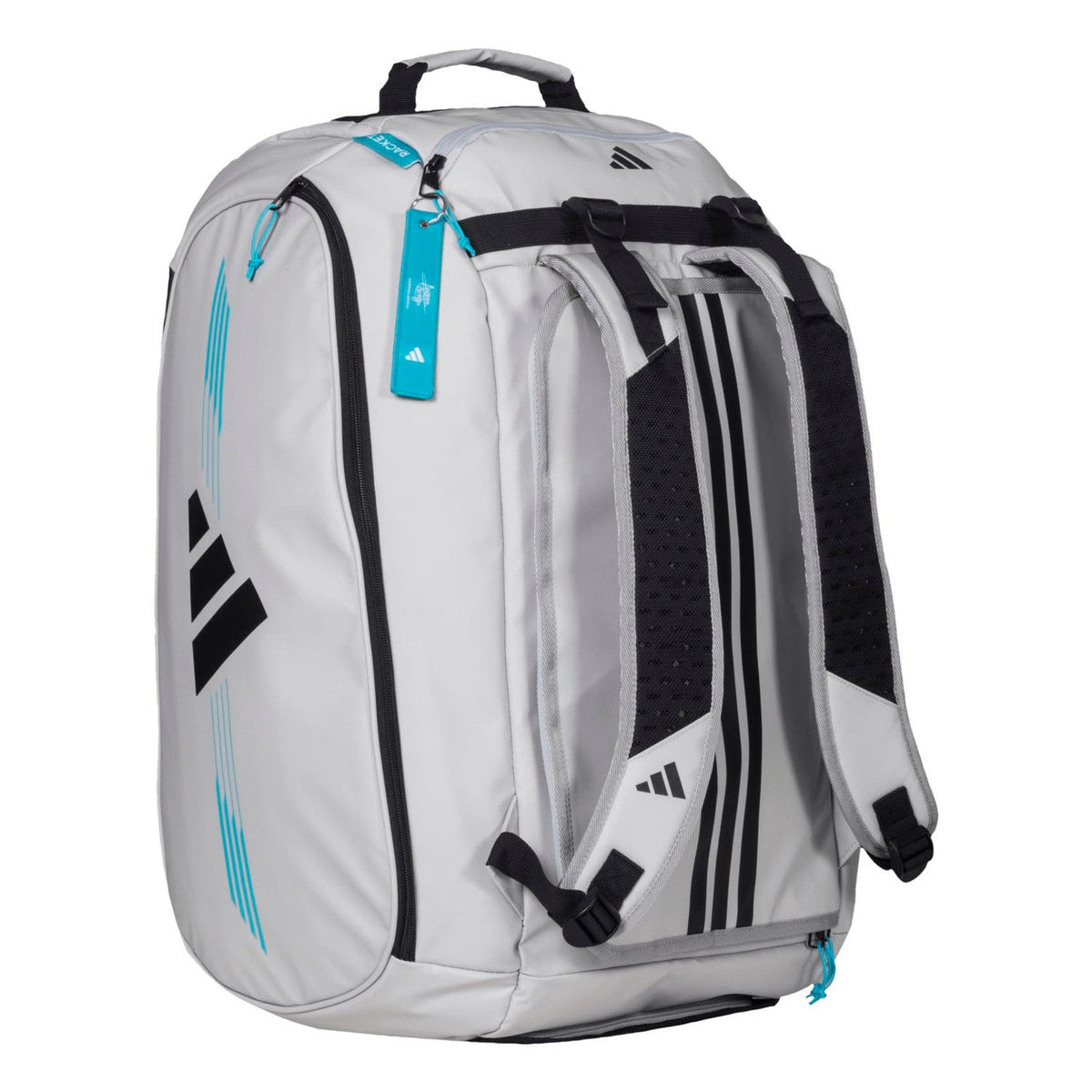 Schuin achteraanzicht van de witte Adidas Protour 3.4 racketbag met turquoise ritsen.