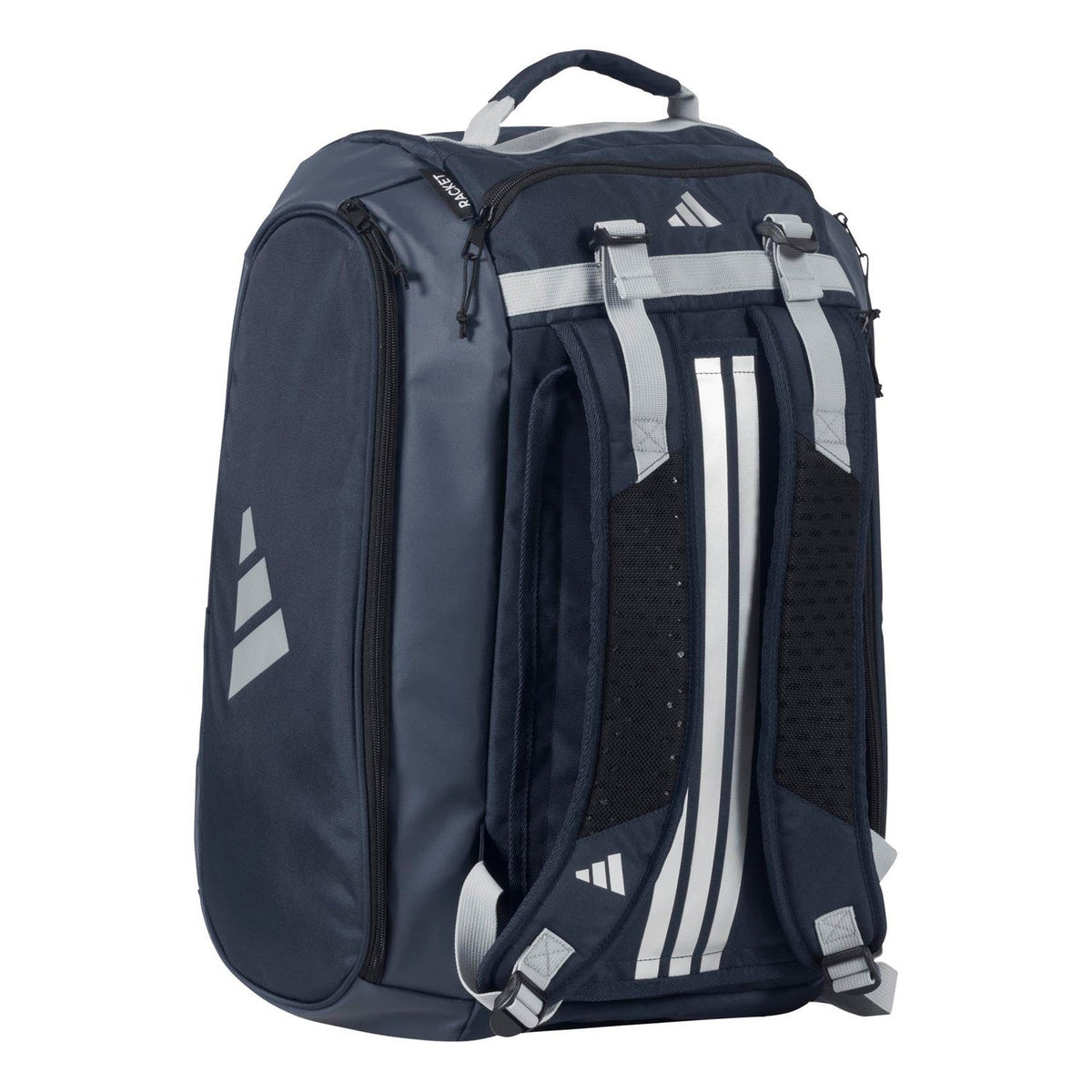 Achterzijde van de marineblauwe Adidas Tour 3.4 racketbag met grijze rugbanden.