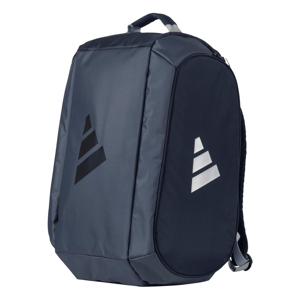 Rechtopstaande donkerblauwe Adidas Tour 3.4 racketbag met grijs logo op de voorkant.