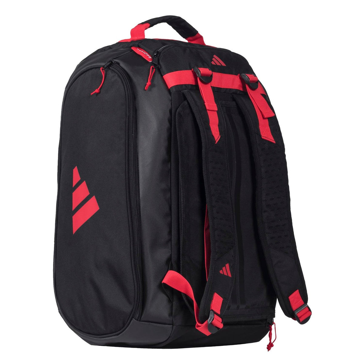 Achterzijde van de zwarte Adidas Tour 3.4 racketbag met rode gevoerde draagbanden.