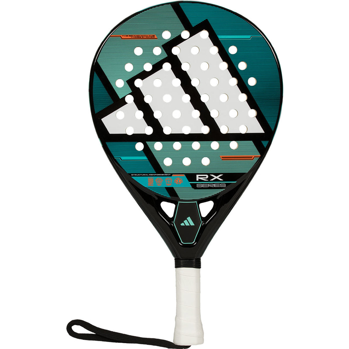 Adidas RX Series padelracket in turquoise met zwart en wit adidas-logo, vooraanzicht