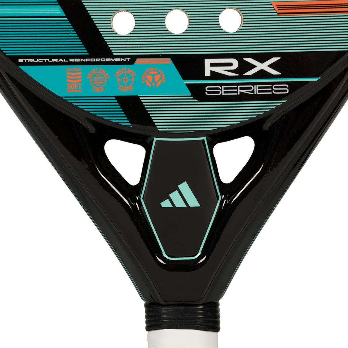 Detail van het zwarte hart van de Adidas RX Series met de opdruk RX Series in turquoise
