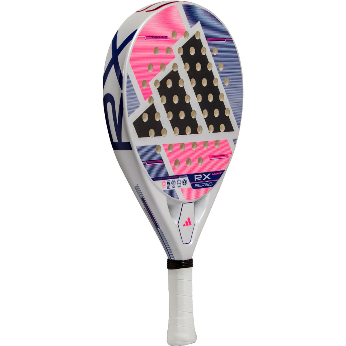 Adidas RX Series Light 3.5 2026 padelracket schuin vooraanzicht, ronde vorm in wit en roze