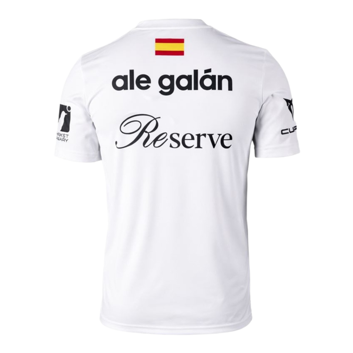 Achterzijde van het witte Adidas Ale Galan shirt met naam en Spaanse vlag