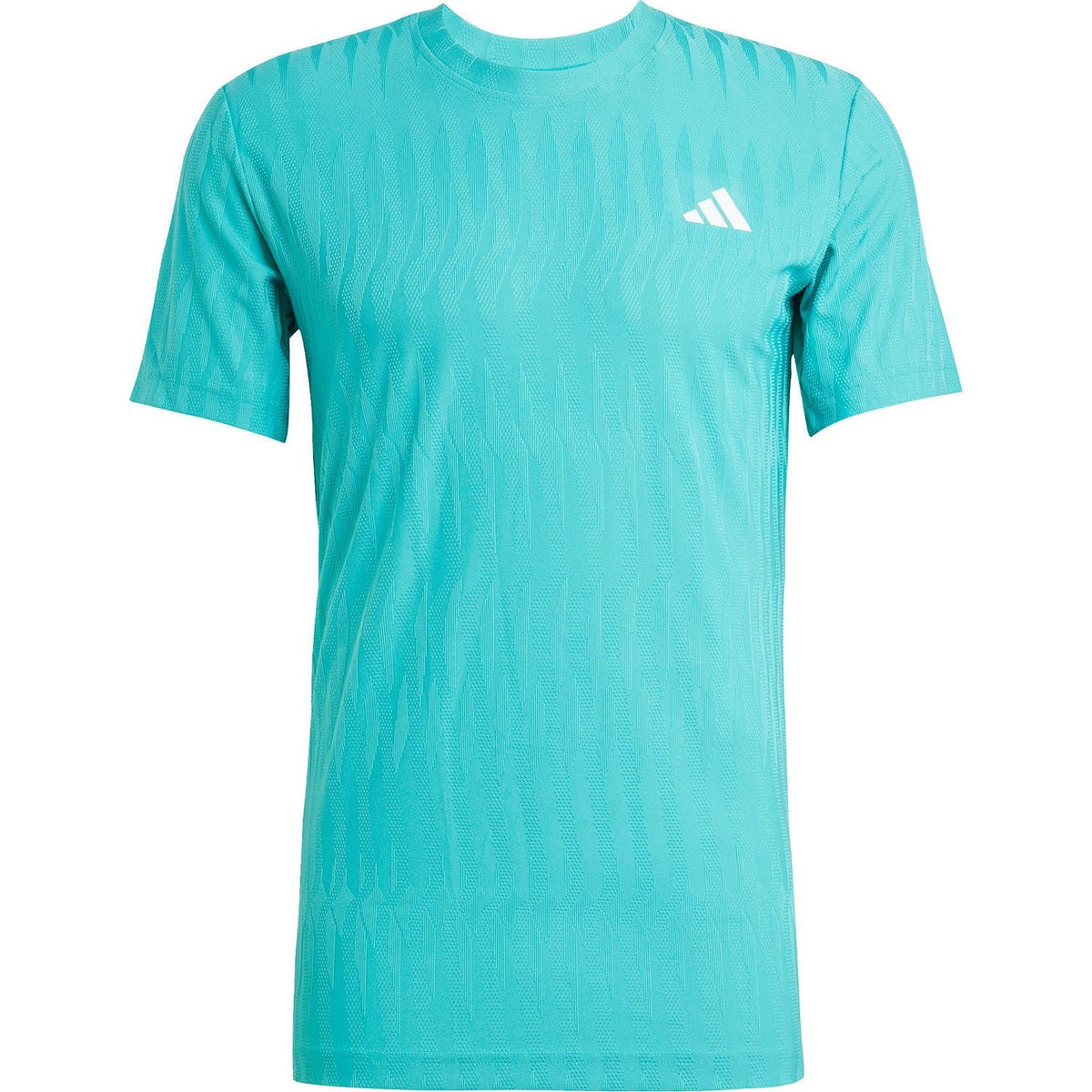 Turquoise Adidas Freelift T-shirt voor heren, plat vooraanzicht met ronde hals