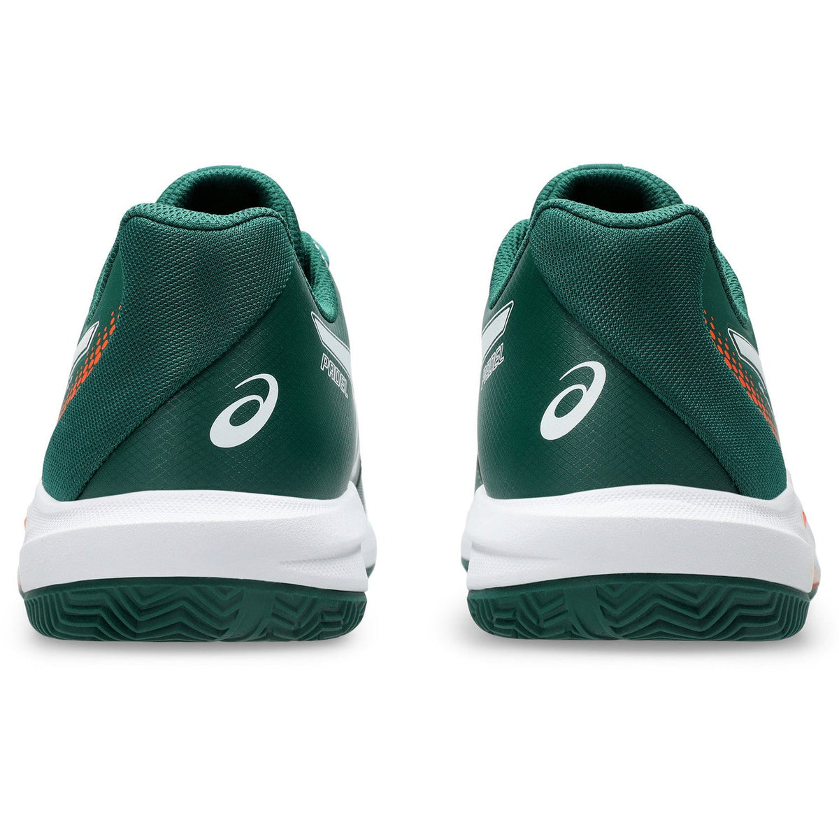 Achterkant van twee donkergroene ASICS Gel-Dedicate 9 Padel met witte zool