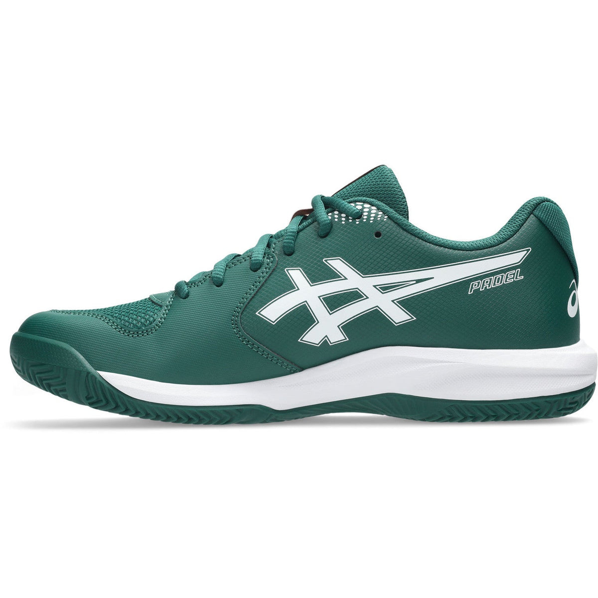 Binnenzijde van de donkergroene ASICS Gel-Dedicate 9 Padel met wit logo
