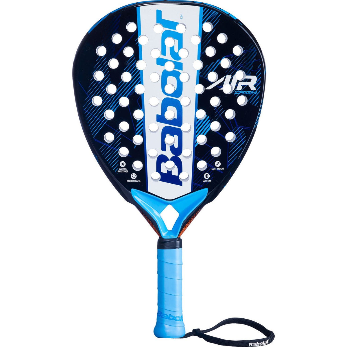 Babolat Air Origin padelracket in donkerblauw met lichtblauwe accenten, vooraanzicht