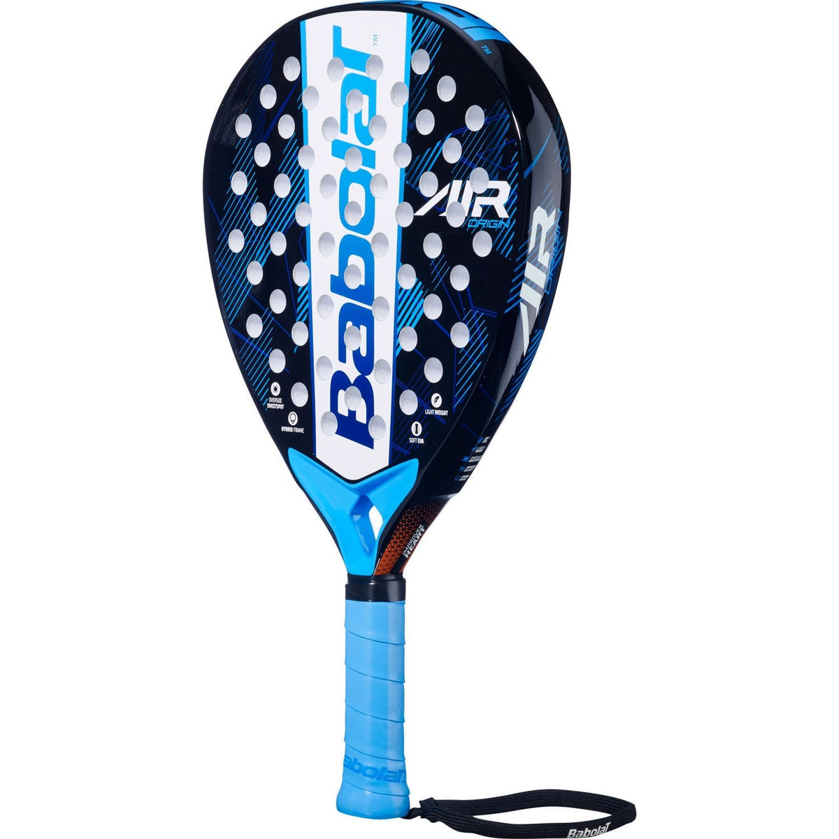 Babolat Air Origin padelracket schuin vooraanzicht, druppelvorm in donkerblauw en lichtblauw