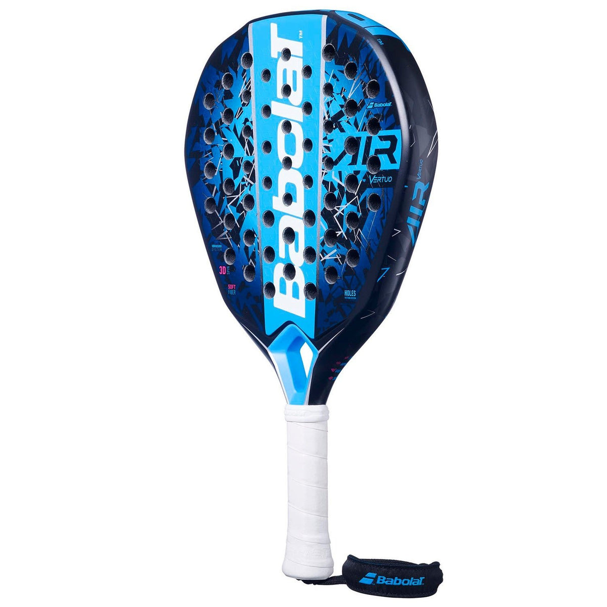 Babolat Air Vertuo 25 padelracket schuin vooraanzicht, druppelvorm in blauw en donkerblauw