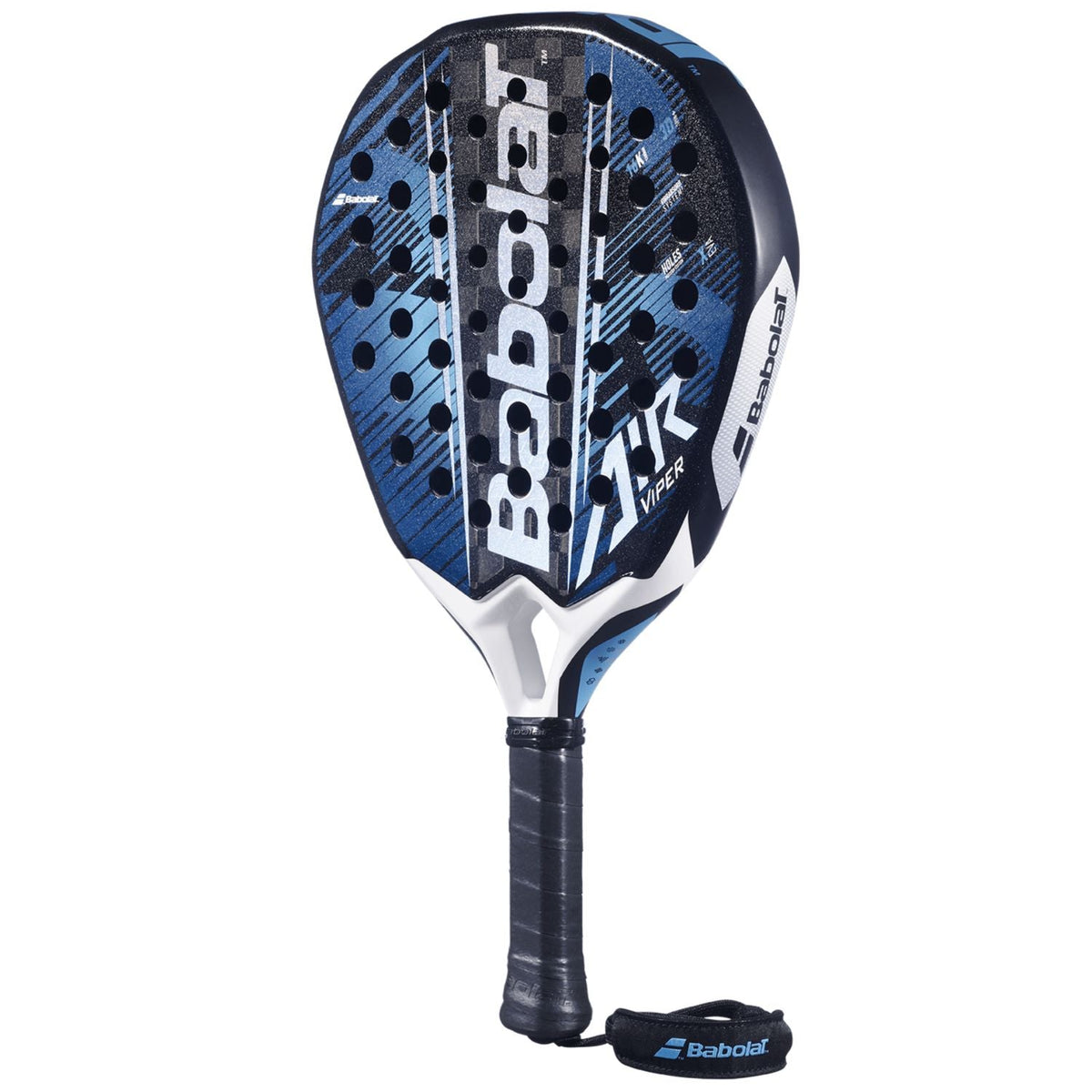 Babolat Air Viper 2.6 padelracket schuin vooraanzicht, druppelvorm in donkerblauw en wit