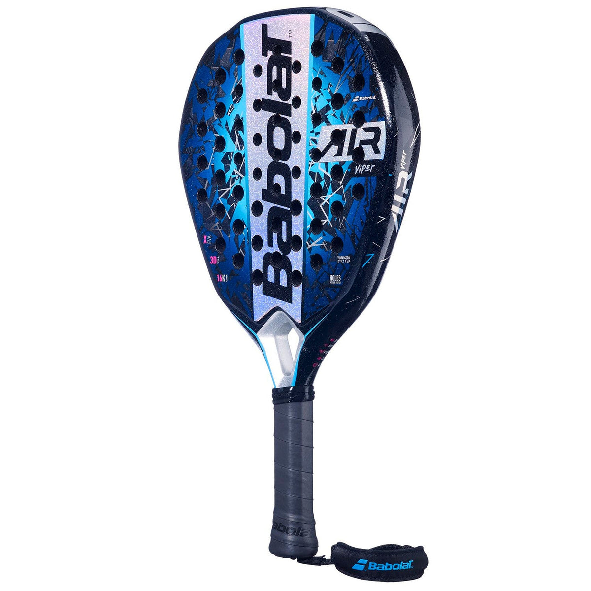 Babolat Air Viper 25 padelracket schuin vooraanzicht, druppelvorm in blauw en donkerblauw