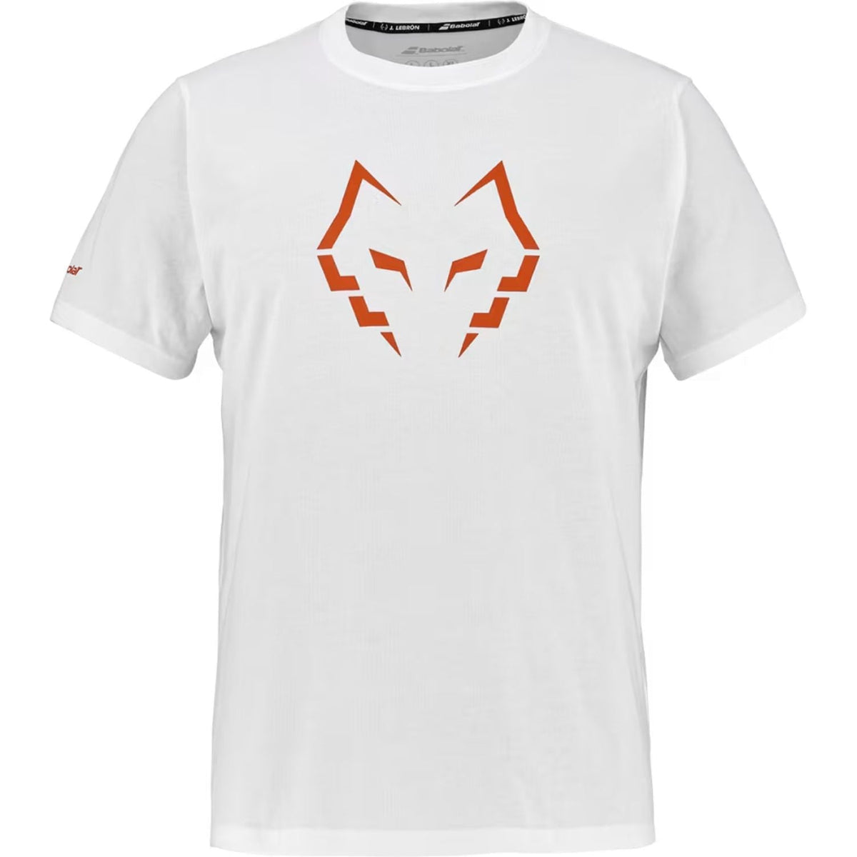 Vooraanzicht van het witte Babolat Cotton T-shirt Lebron 2026 met oranje stierkop-opdruk
