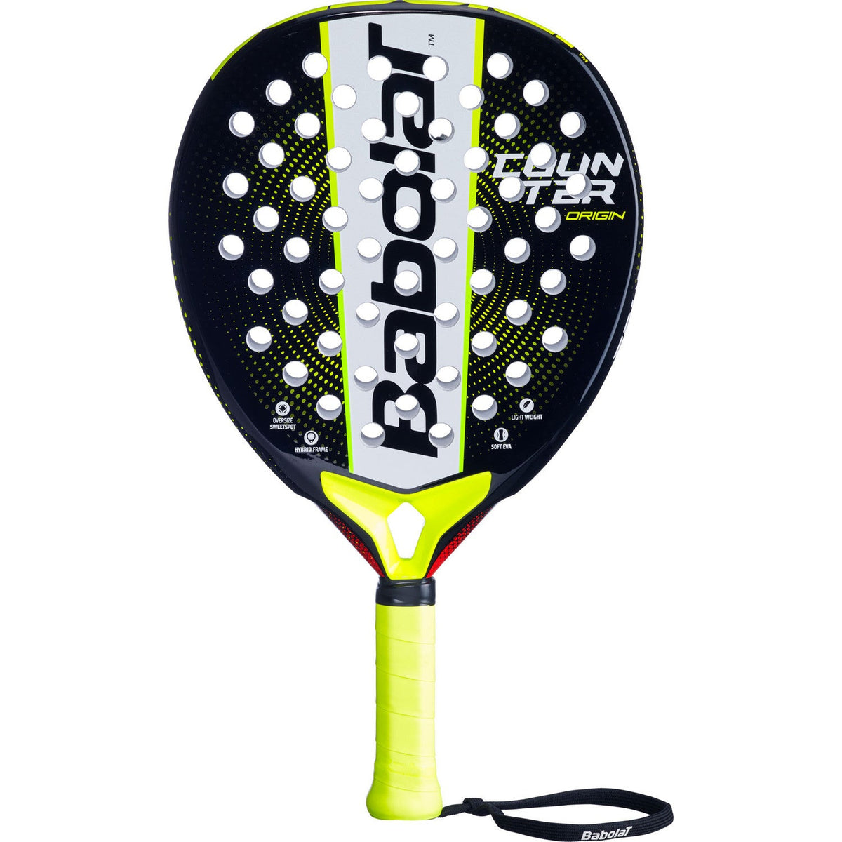 Babolat Counter Origin padelracket in zwart met neongele accenten, vooraanzicht