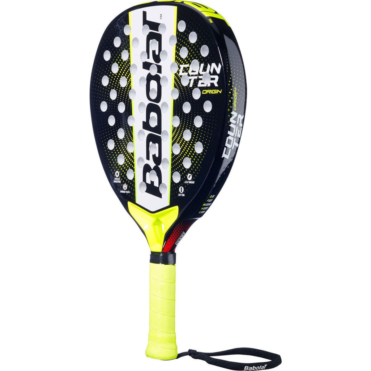 Babolat Counter Origin padelracket schuin vooraanzicht, rondvorm in zwart en geel