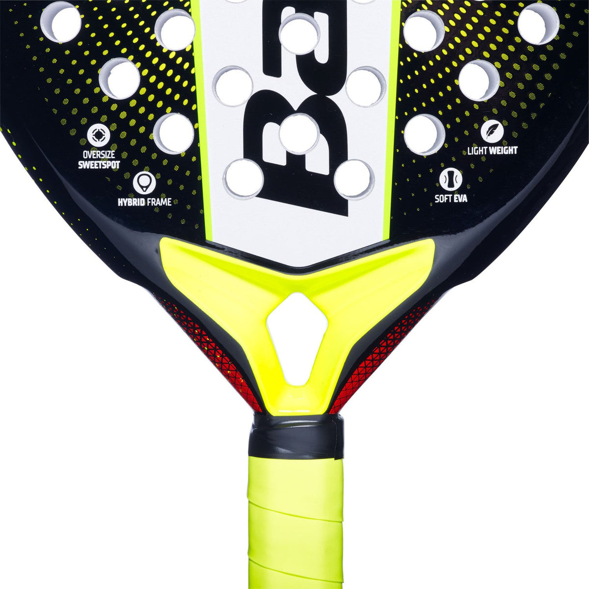 Detail van het hart van het Babolat Counter Origin met gele brug en gele grip