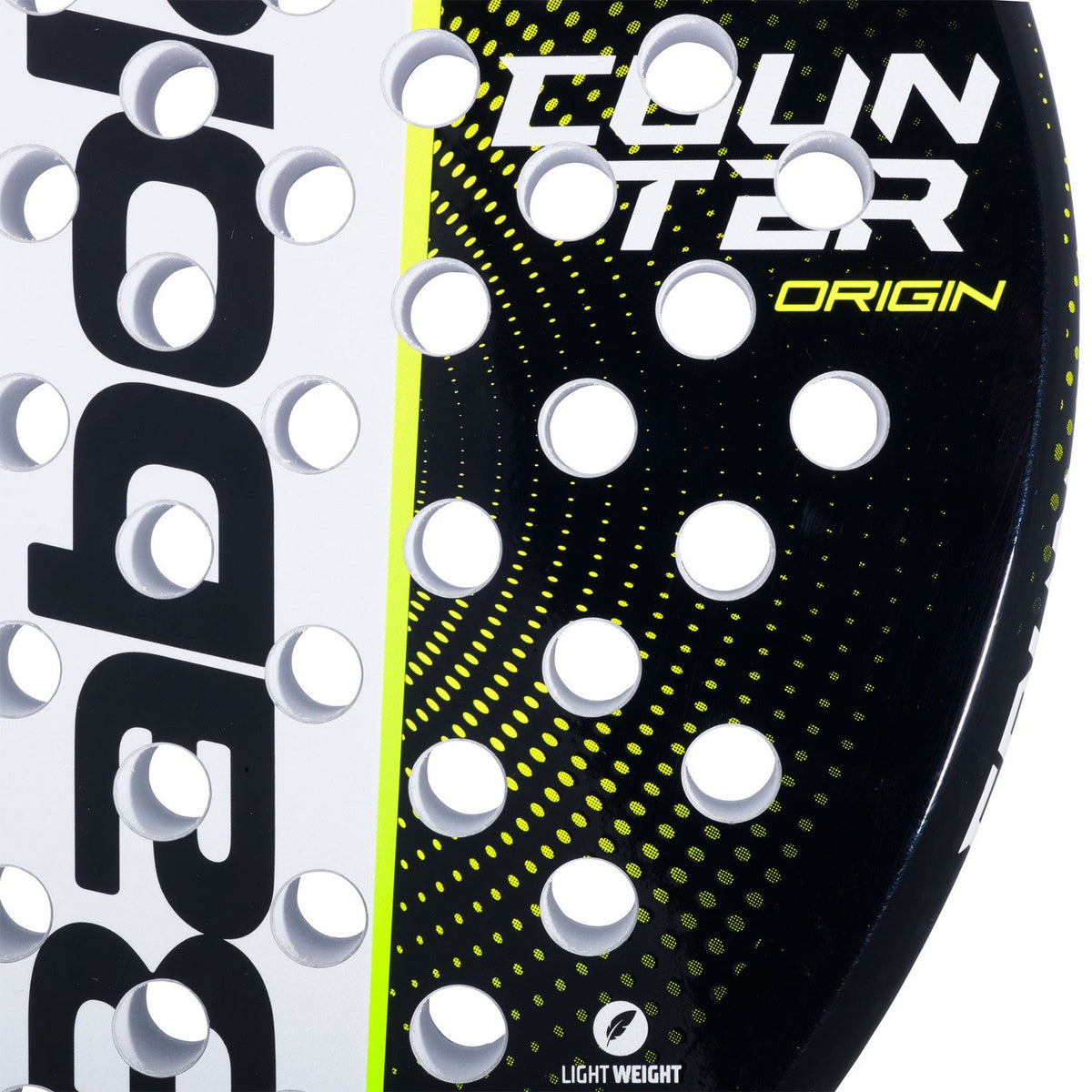 Close-up van het slagvlak van het Babolat Counter Origin met COUNTER Origin-opdruk