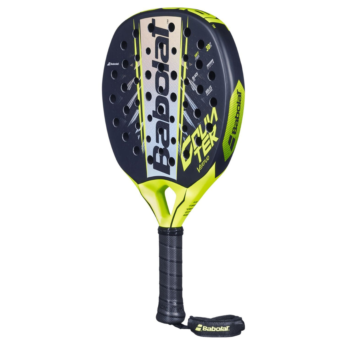 Babolat Counter Vertuo 2.6 padelracket schuin vooraanzicht, hybride vorm in zwart en geel