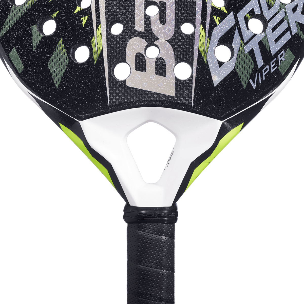 Detail van het hart van het Babolat Counter Viper 2.6 met witte brug en gele VIPER-opdruk