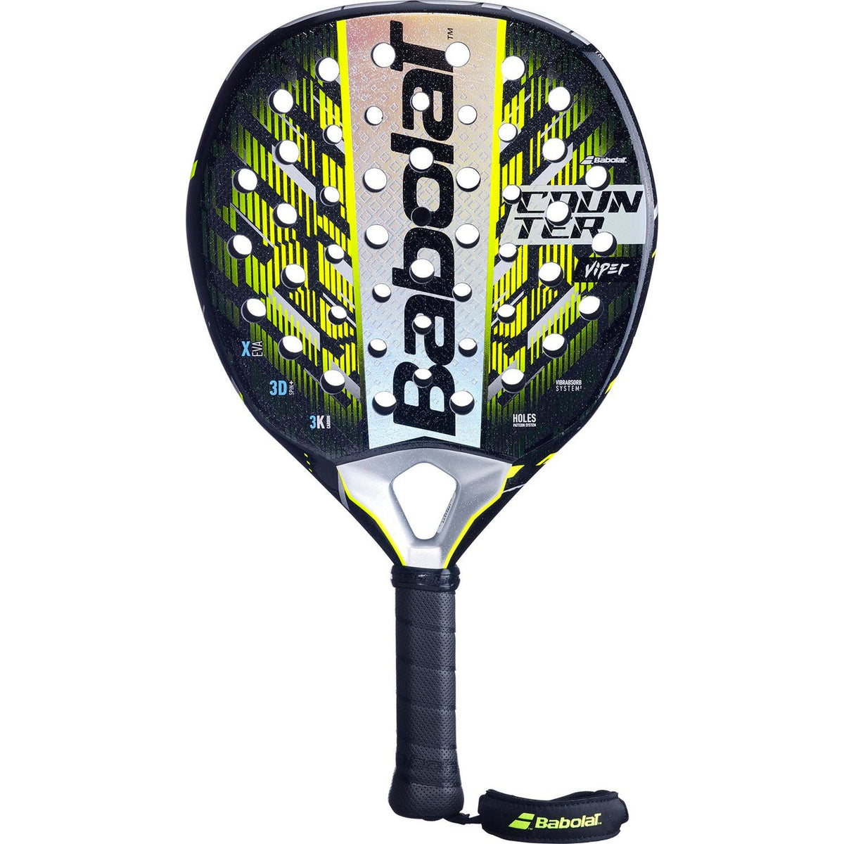 Babolat Counter Viper 25 padelracket in zwart met gele en zilveren vlakken, vooraanzicht