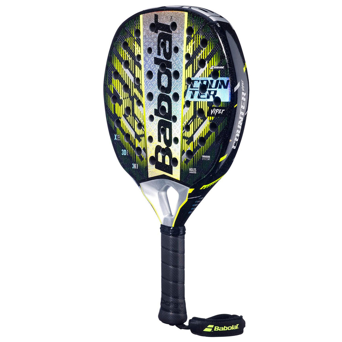 Babolat Counter Viper 25 padelracket schuin vooraanzicht, rondvorm in zwart en geel