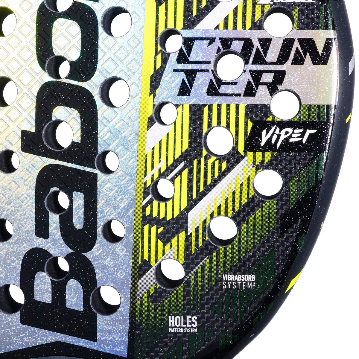 Close-up van het slagvlak van het Babolat Counter Viper 25 met gele COUNTER Viper-opdruk
