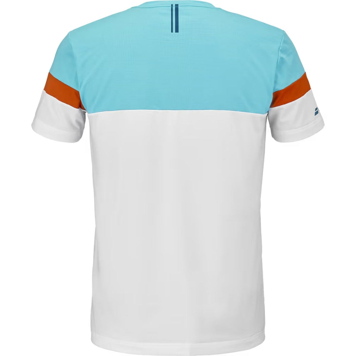 Achteraanzicht van het witte Babolat Crew Neck T-shirt 2026 met turquoise en oranje vlakken