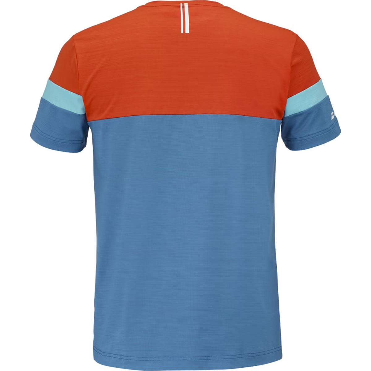Achteraanzicht van het blauwe Babolat Crew Neck T-shirt 2026 met oranje bovenrug