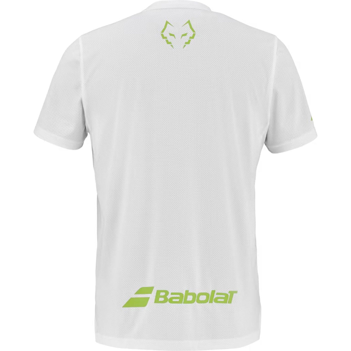 Achterzijde van het witte Babolat Crew Neck T-shirt Lebron 2026 met groene Babolat-opdruk