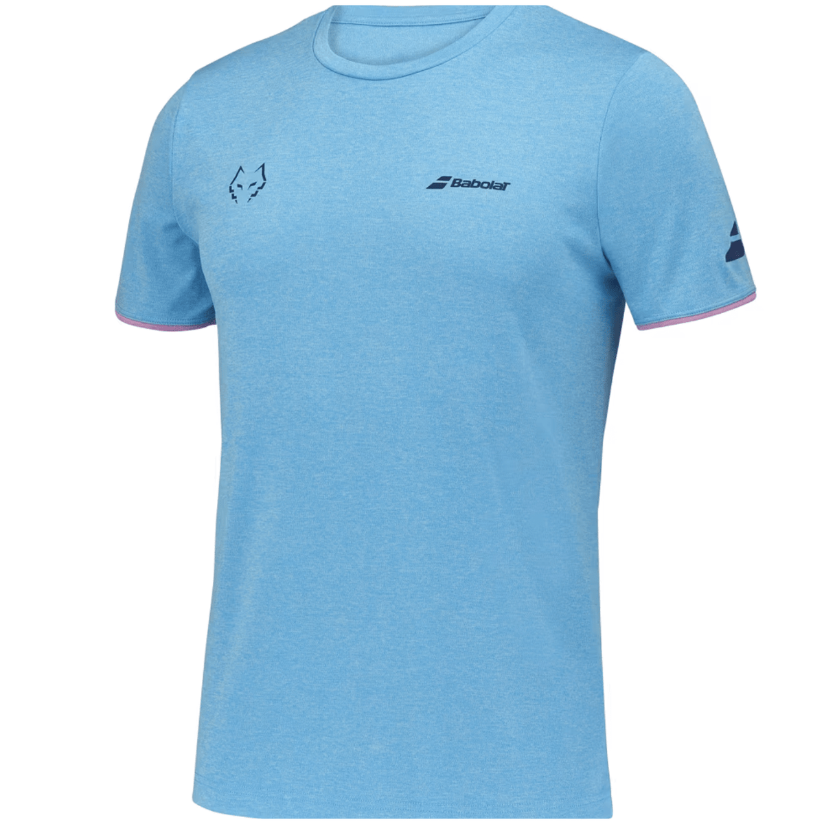 Schuin vooraanzicht van het lichtblauwe Babolat Crew Neck T-shirt Lebron met logo op de mouw