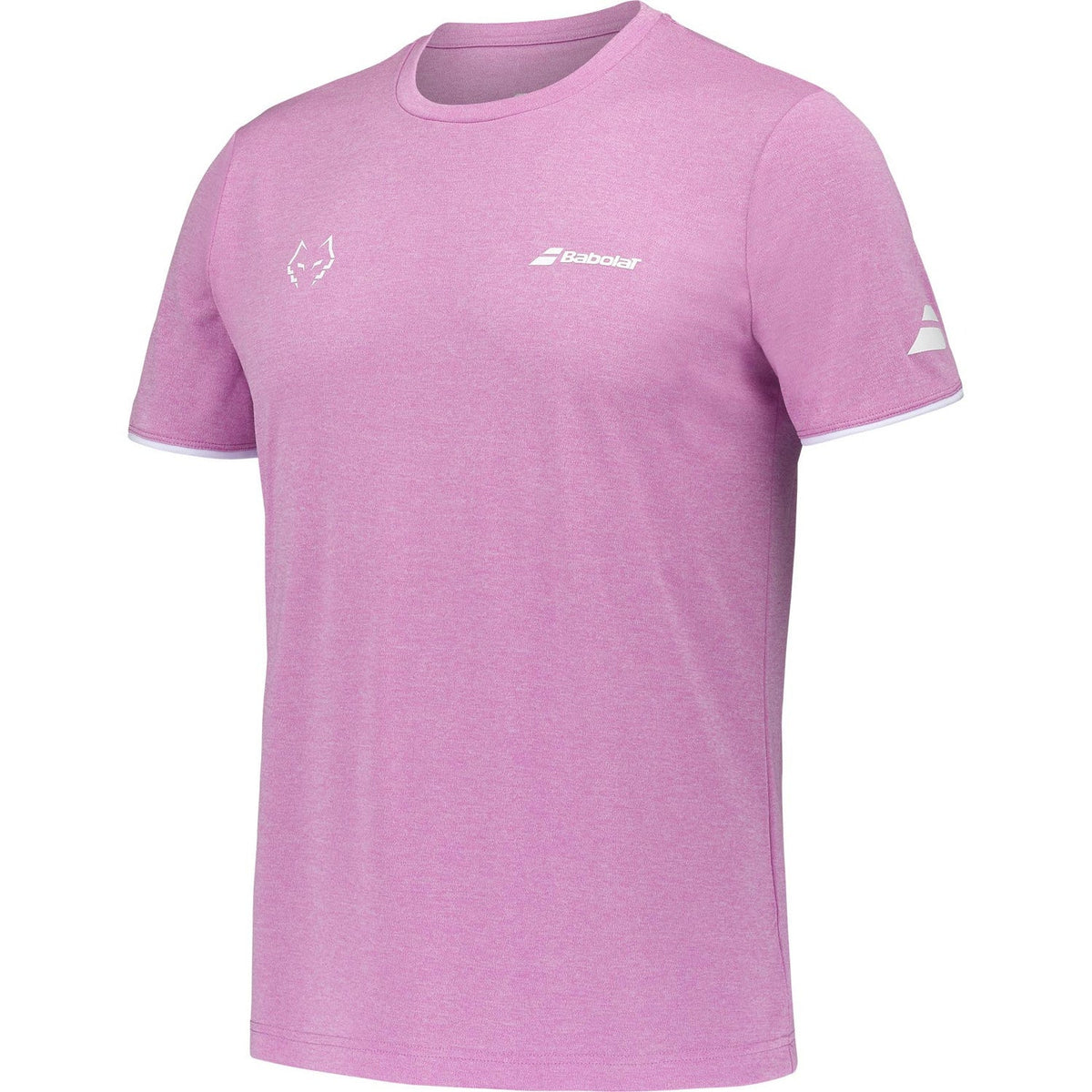 Schuin vooraanzicht van het roze Babolat Crew Neck T-shirt Lebron met ronde halsboord